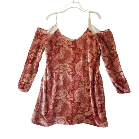 Chasor Velvet Mini Dress Tapestry Paisley Cold Shoulder Size L Boho‎ Earth Fairy - Picture 1 of 10